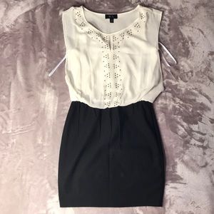 Juniors white/black/gold studded cocktail dress.